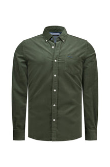 Men's dark olive corduroy long-sleeve shirt with chest pocket and small embroidered logo, product view by NZA