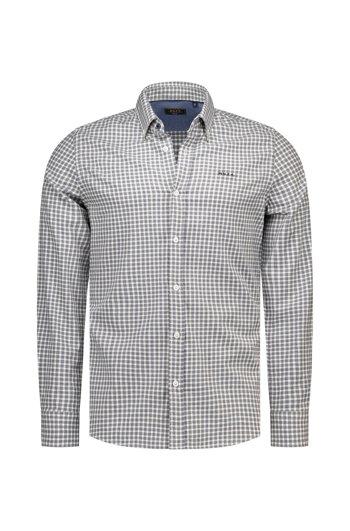 Chemise à manches longues à carreaux gris et blancs avec col boutonné et logo poitrine, vue produit pour homme par NZA