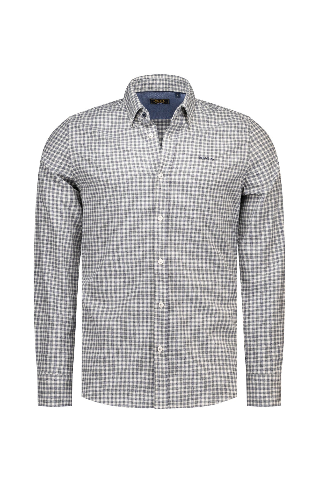 NZA men's gray and white checked long sleeve button-up shirt with button-down collar and chest logo, product view