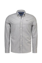NZA men's gray and white checked long sleeve button-up shirt with button-down collar and chest logo, product view