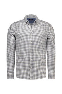 NZA men's gray and white checked long sleeve button-up shirt with button-down collar and chest logo, product view