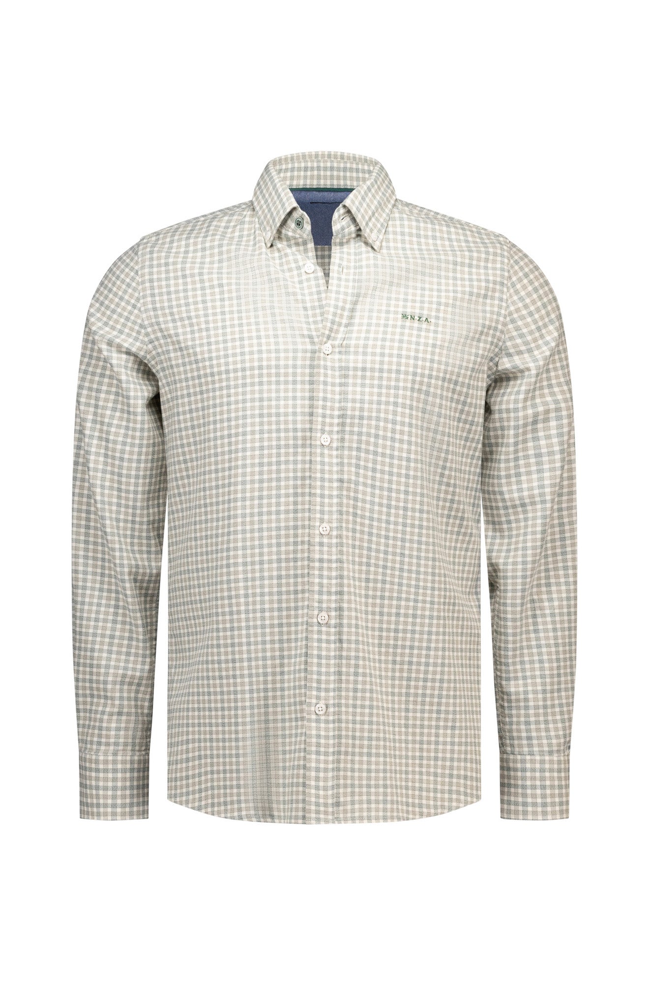 Men's off-white and light gray checked long sleeve button-up shirt with small green chest logo, product view by NZA