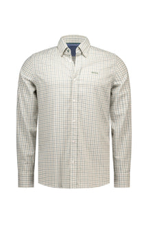 Men's off-white and light gray checked long sleeve button-up shirt with small green chest logo, product view by NZA
