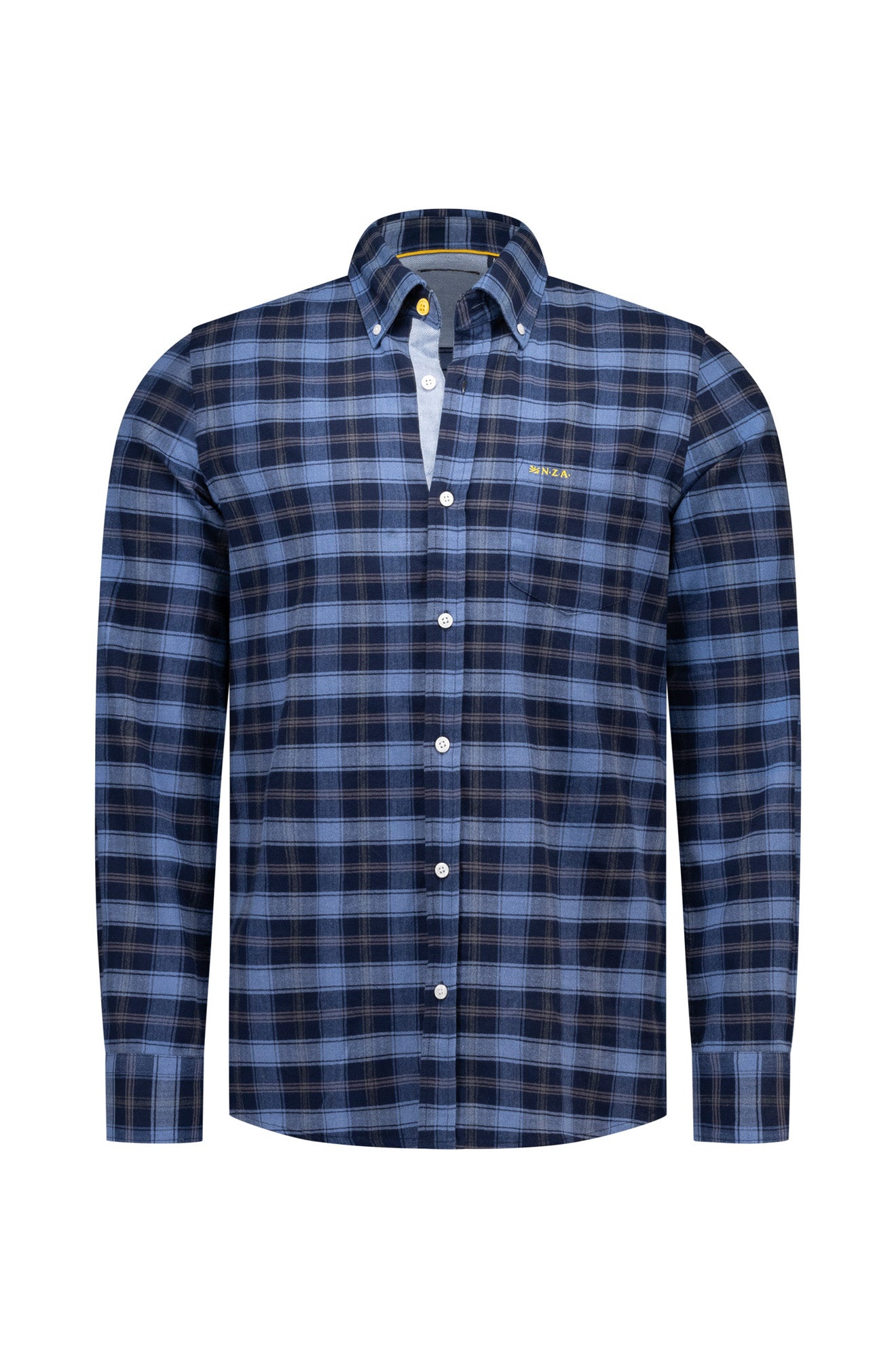 NZA men's blue and navy plaid long sleeve button-down shirt with chest pocket and yellow logo shown from the front