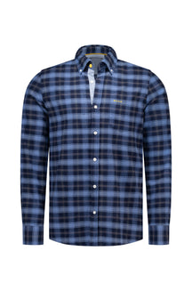 NZA men's blue and navy plaid long sleeve button-down shirt with chest pocket and yellow logo shown from the front