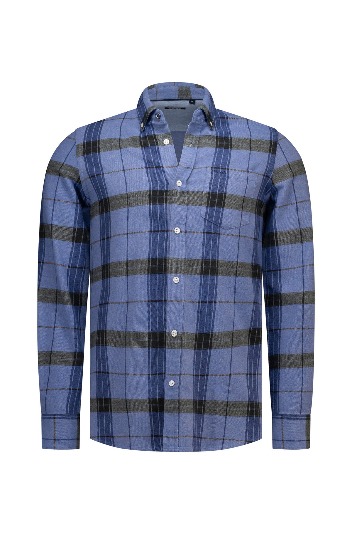 Vue de face d’une chemise manches longues boutonnée à carreaux bleus, poche poitrine et boutons blancs pour homme par NZA