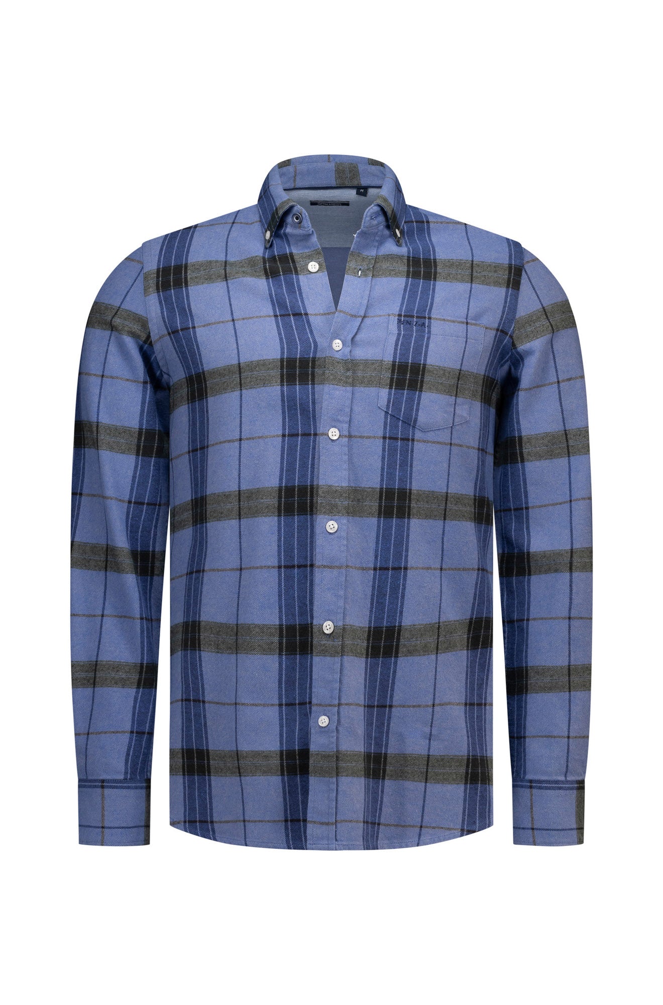 Front view of men's blue plaid long sleeve button-down shirt with chest pocket and white buttons by NZA