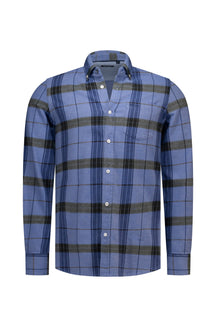 Front view of men's blue plaid long sleeve button-down shirt with chest pocket and white buttons by NZA