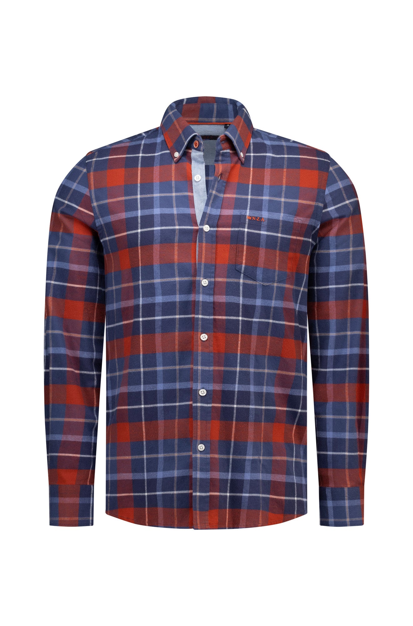 Men's front isolated view of navy and red plaid long sleeve button-down shirt with chest pocket by NZA