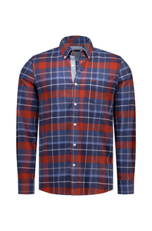 Men's front isolated view of navy and red plaid long sleeve button-down shirt with chest pocket by NZA