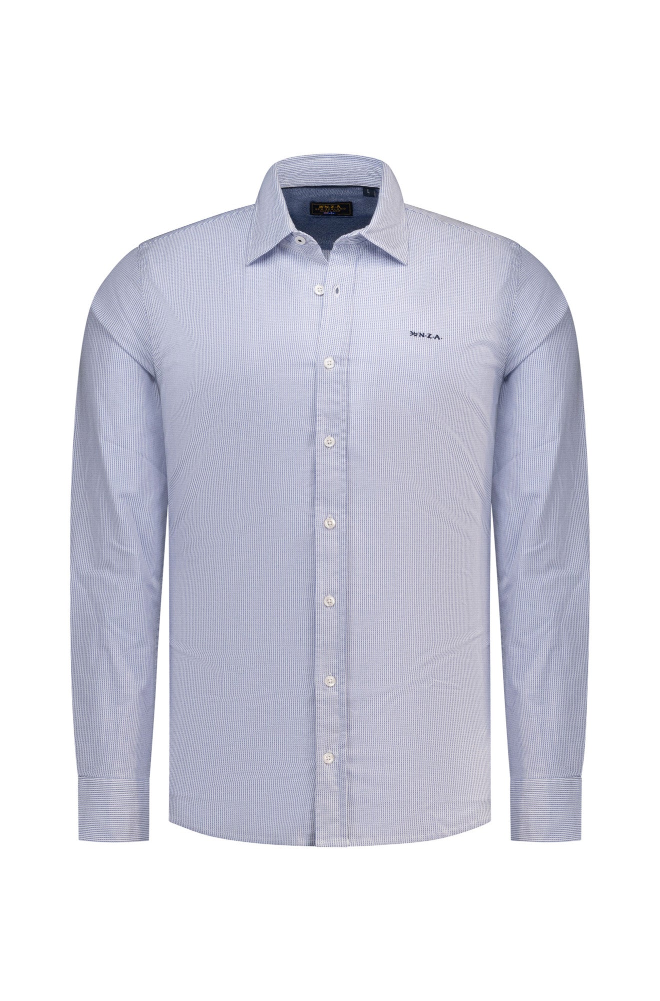 NZA men's light blue fine-striped long sleeve button-up shirt with point collar and small chest logo, product view