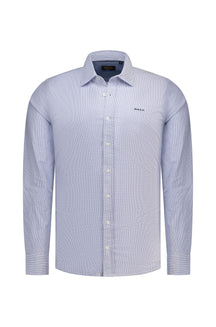 NZA men's light blue fine-striped long sleeve button-up shirt with point collar and small chest logo, product view