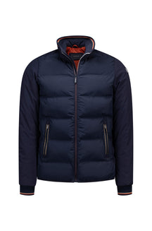 Men's navy padded jacket front view with orange lining, zip pockets, and striped rib cuffs by NZA
