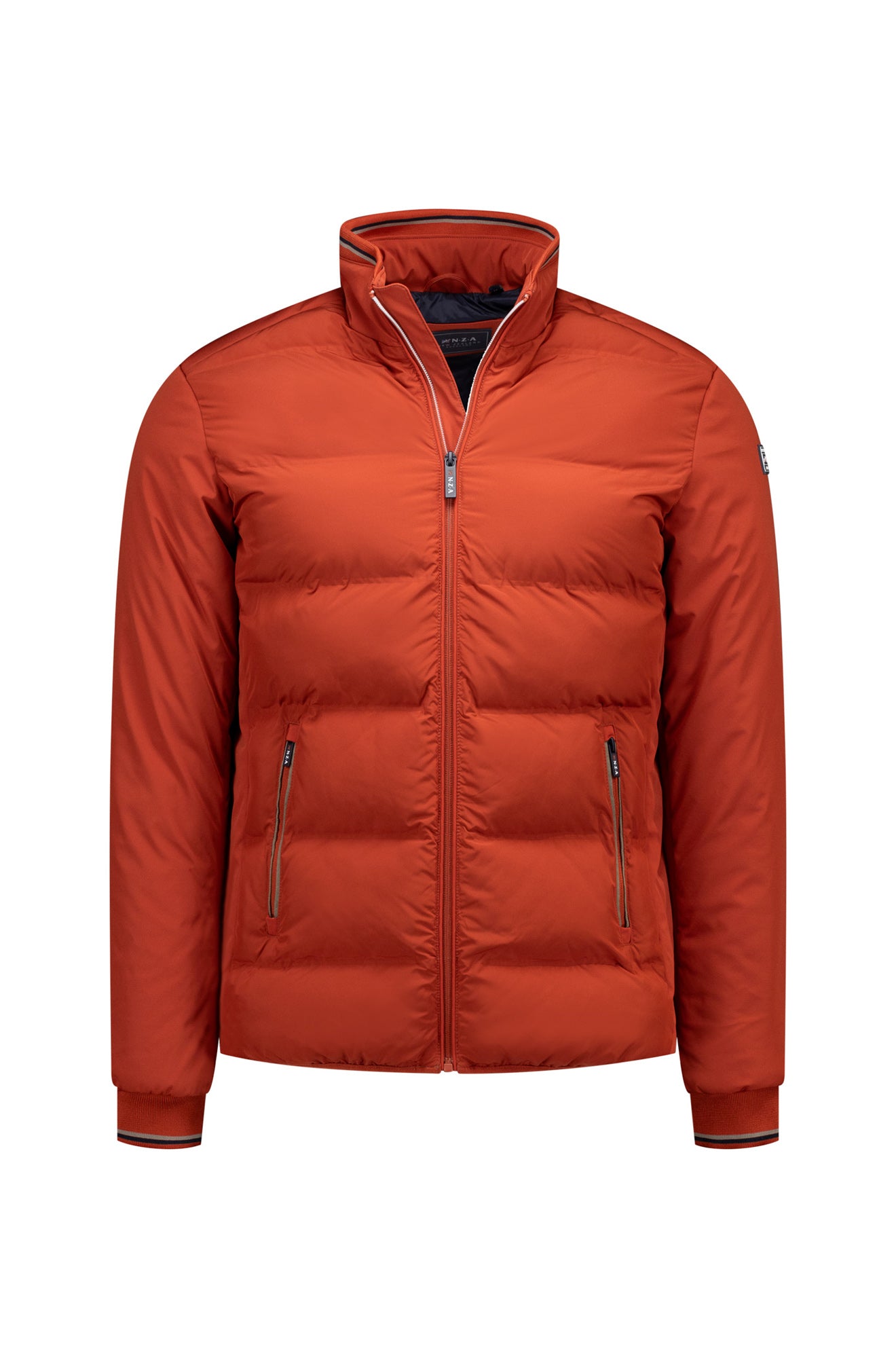 NZA men's orange padded jacket with stand collar, zip pockets, and striped ribbed cuffs, front view