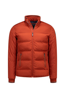 NZA men's orange padded jacket with stand collar, zip pockets, and striped ribbed cuffs, front view