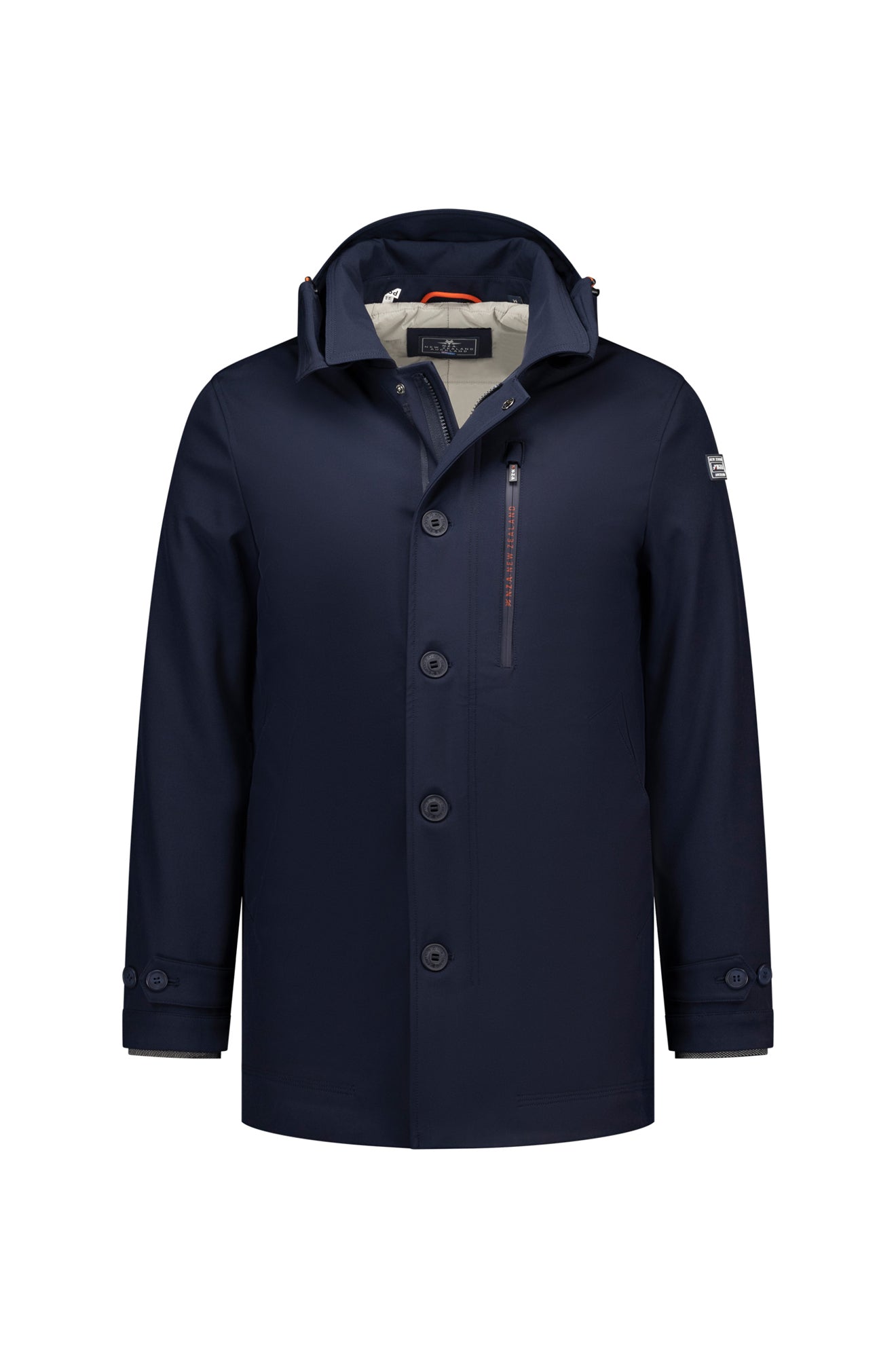 NZA men's navy hooded winter coat jacket with button placket, chest zipper pocket, and sleeve patch, front view