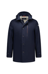 NZA men's navy hooded winter coat jacket with button placket, chest zipper pocket, and sleeve patch, front view