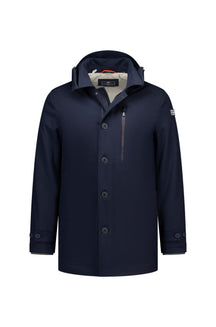 NZA men's navy hooded winter coat jacket with button placket, chest zipper pocket, and sleeve patch, front view