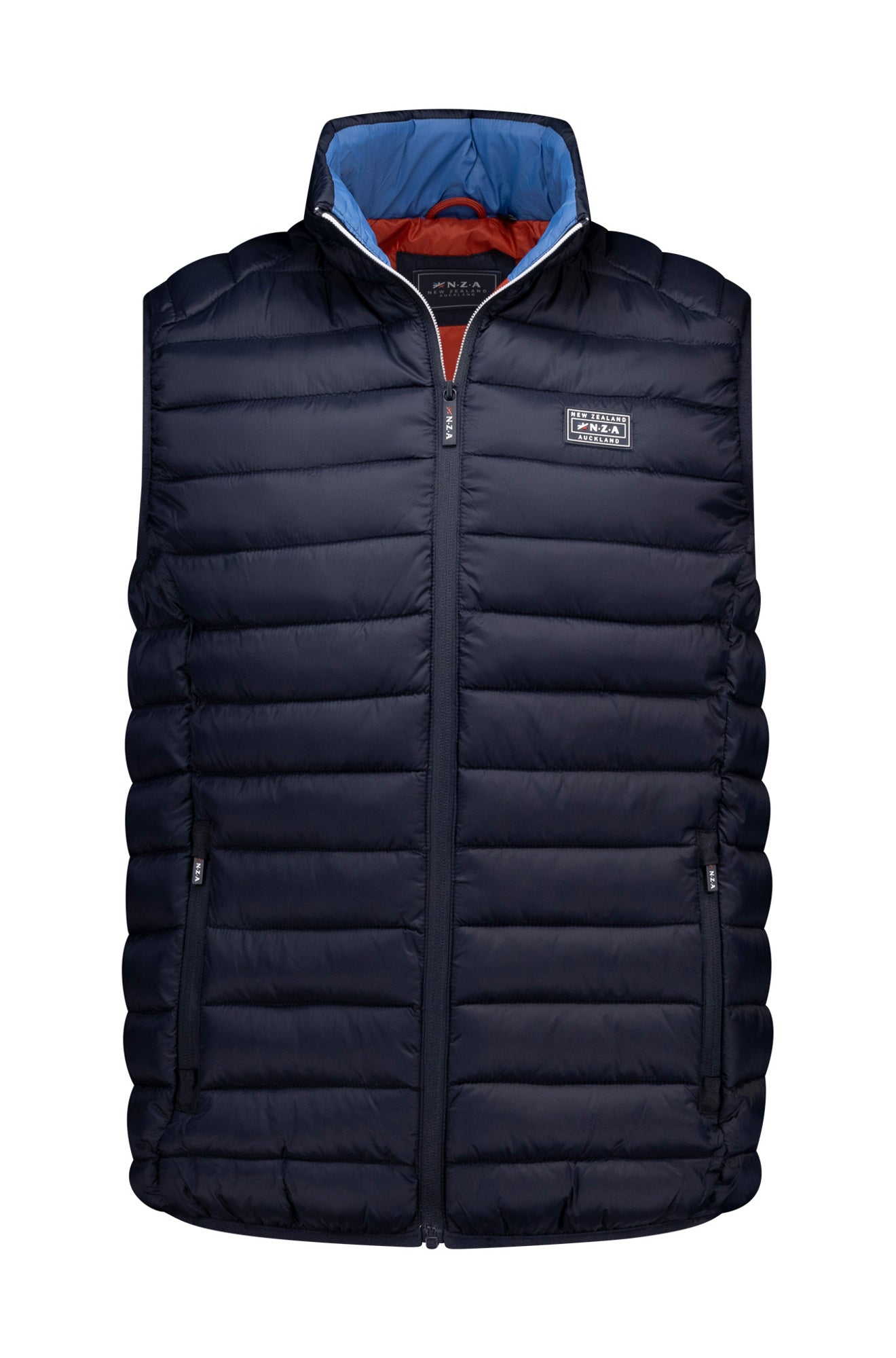 NZA men's navy quilted padded vest front view with stand collar, zipper, chest patch, and zip pockets