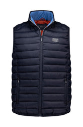 NZA men's navy quilted padded vest front view with stand collar, zipper, chest patch, and zip pockets