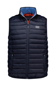 NZA men's navy quilted padded vest front view with stand collar, zipper, chest patch, and zip pockets
