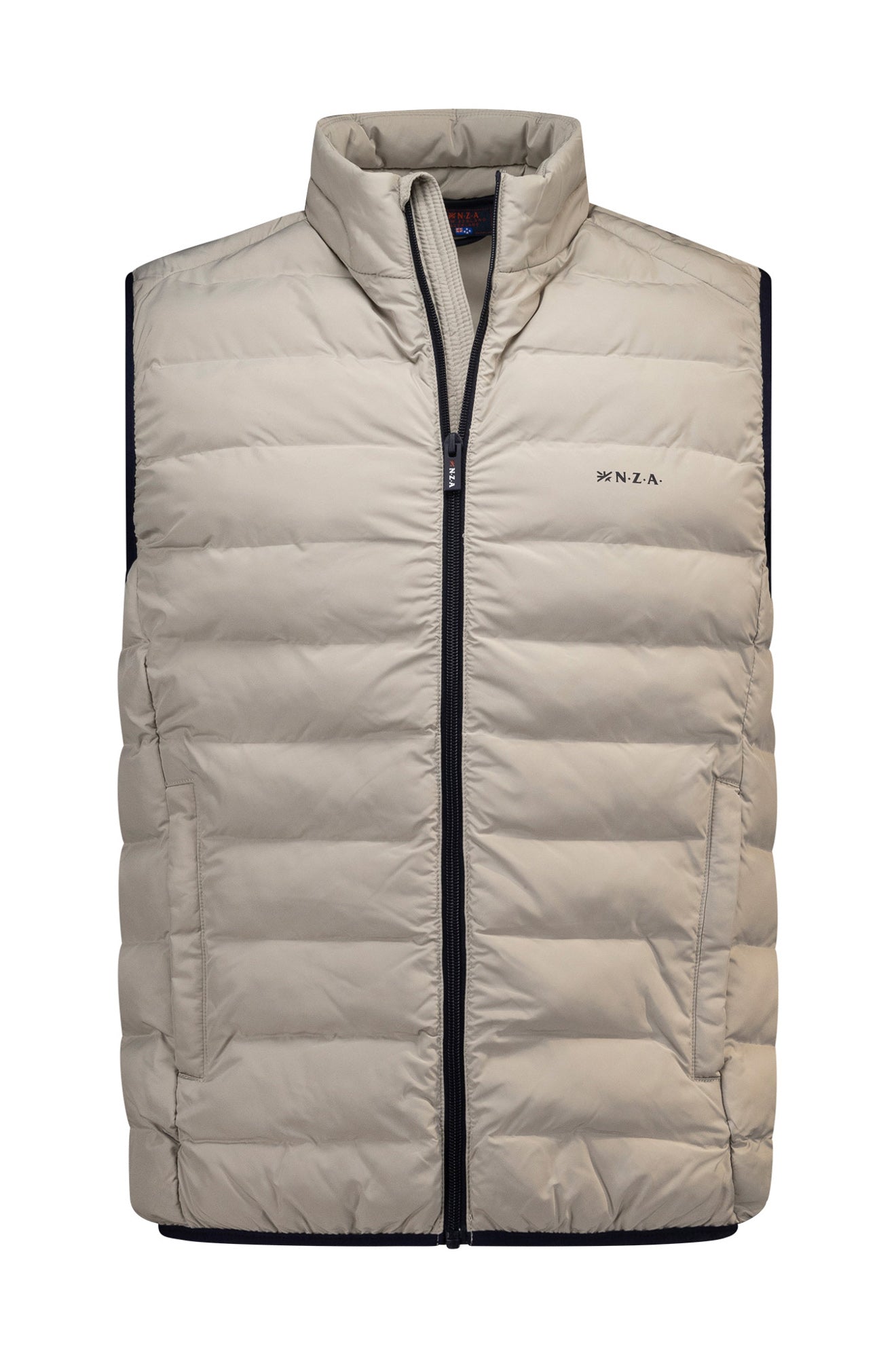 Men's light beige padded puffer vest front view with black zipper trim, stand collar, pockets, and chest logo by NZA