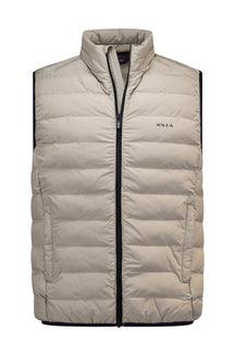Men's light beige padded puffer vest front view with black zipper trim, stand collar, pockets, and chest logo by NZA