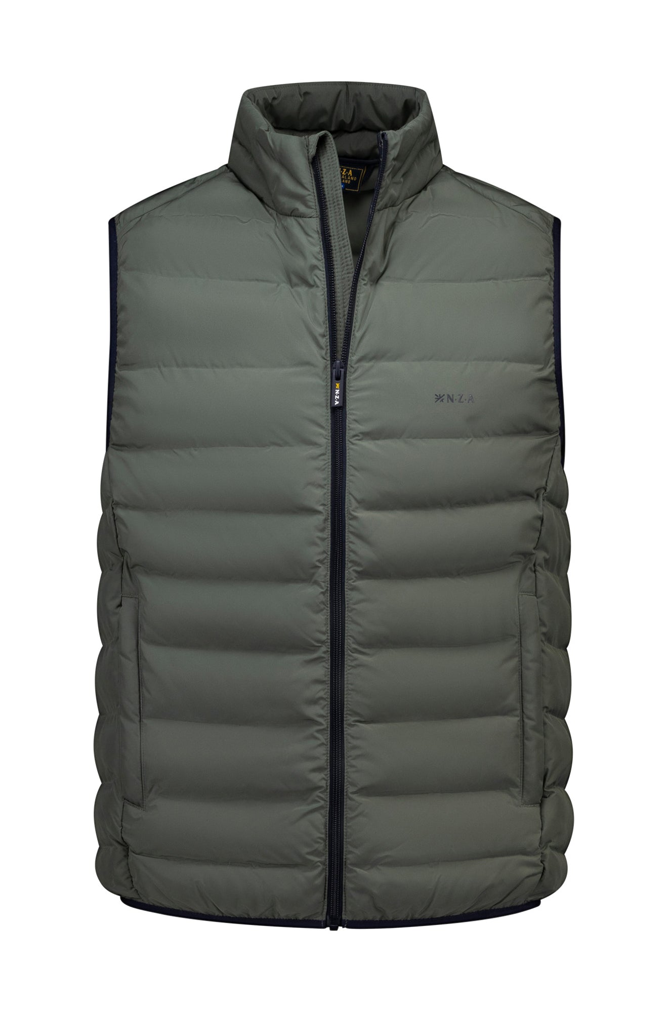 NZA men's olive green padded vest with stand collar, black front zipper, horizontal quilting and side pockets, product view