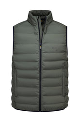 NZA men's olive green padded vest with stand collar, black front zipper, horizontal quilting and side pockets, product view