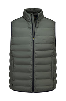 NZA men's olive green padded vest with stand collar, black front zipper, horizontal quilting and side pockets, product view