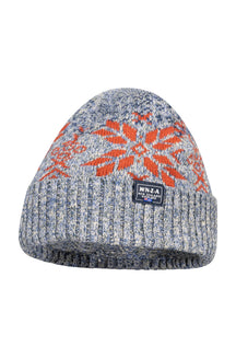 Men's blue-gray marled knit beanie with orange snowflake pattern and logo patch on ribbed cuff, product view by NZA