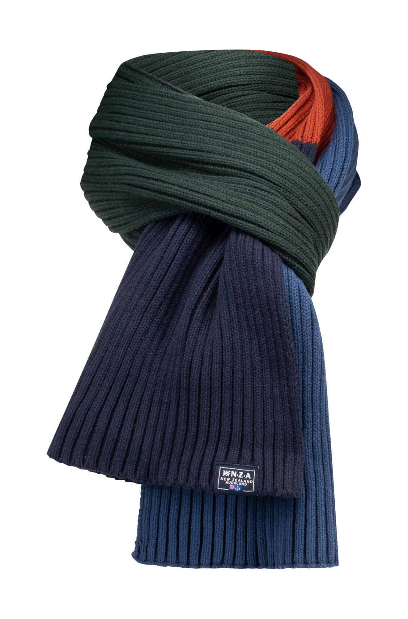 NZA men's colorblock ribbed knit scarf in navy, green, rust, and blue with a small logo patch near the end, product view