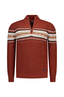 NZA men's rust half-zip knit long-sleeve knit sweater with cream and green Fair Isle pattern across the chest, product view
