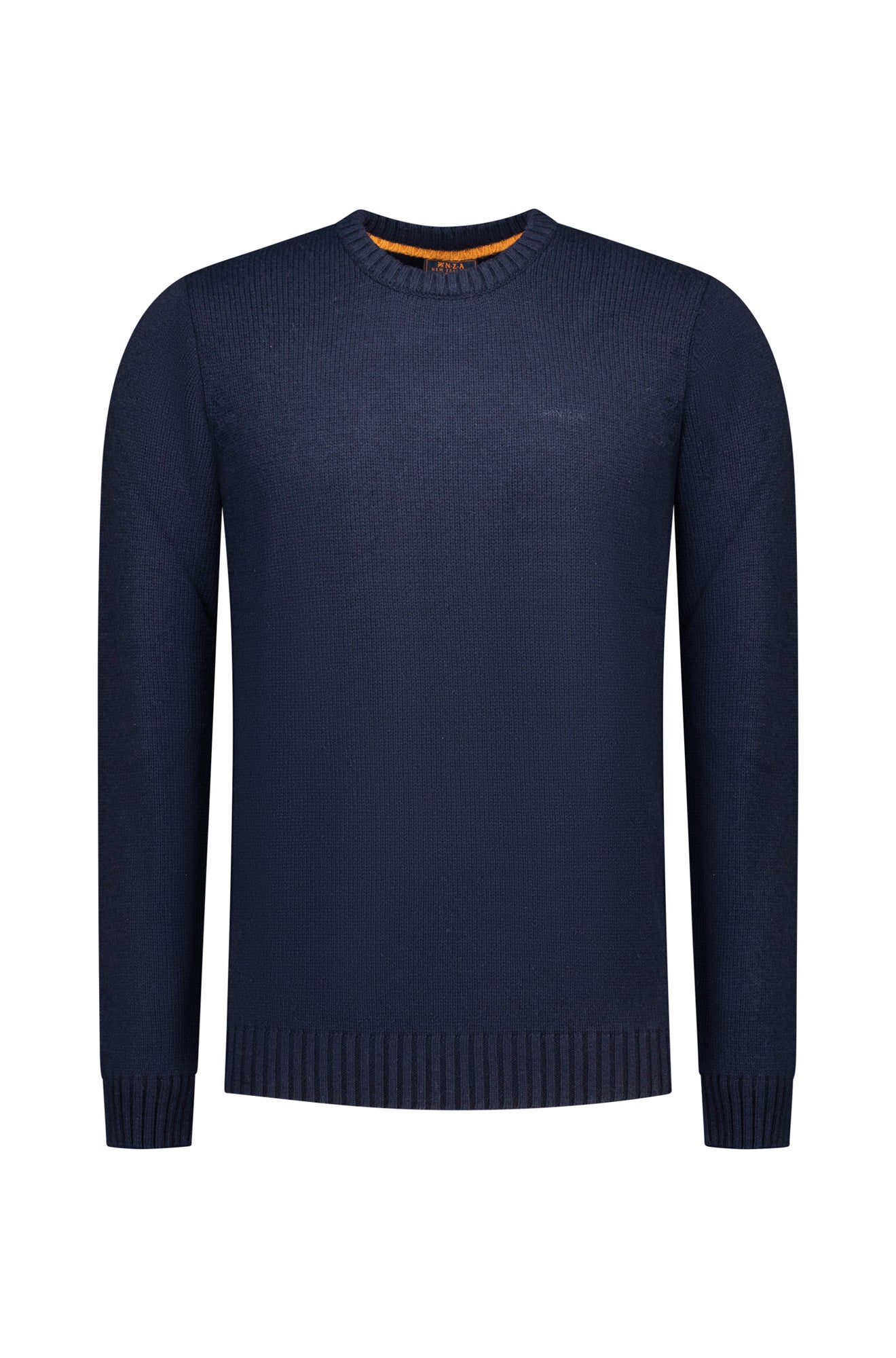NZA men's navy crewneck knit long-sleeve knit sweater front view with ribbed collar, cuffs, hem, and orange inner neck trim