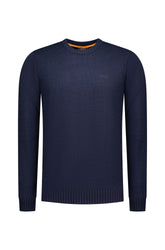 NZA men's navy crewneck knit long-sleeve knit sweater front view with ribbed collar, cuffs, hem, and orange inner neck trim