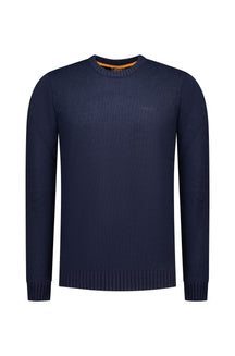 NZA men's navy crewneck knit long-sleeve knit sweater front view with ribbed collar, cuffs, hem, and orange inner neck trim