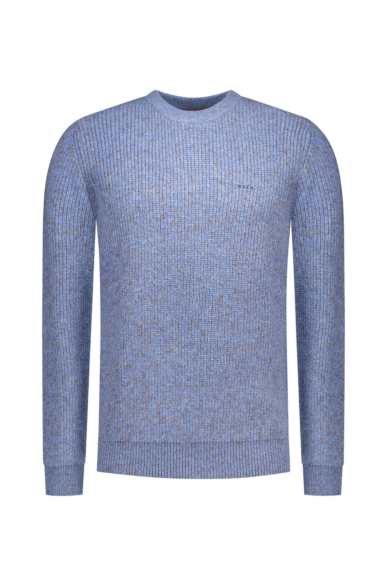 NZA men's front isolated view of a light blue crewneck knit long-sleeve knit sweater with ribbed trims and small chest logo