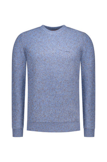 NZA men's front isolated view of a light blue crewneck knit long-sleeve knit sweater with ribbed trims and small chest logo