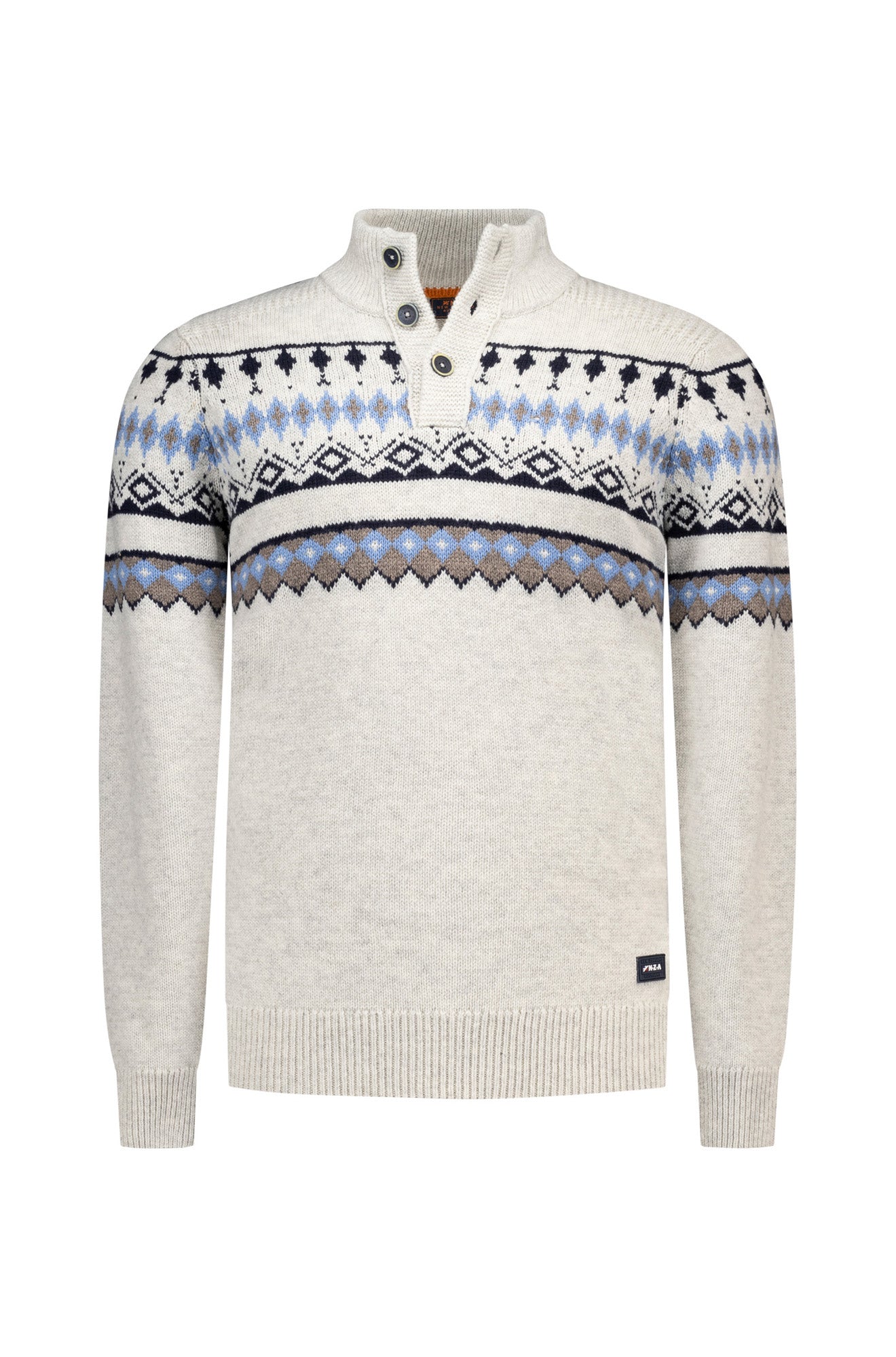 NZA men's cream button-collar knit long-sleeve knit sweater with navy, blue, gray and brown Fair Isle pattern, product view
