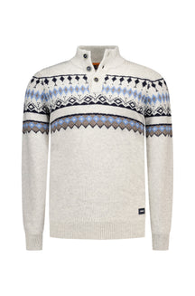 NZA men's cream button-collar knit long-sleeve knit sweater with navy, blue, gray and brown Fair Isle pattern, product view