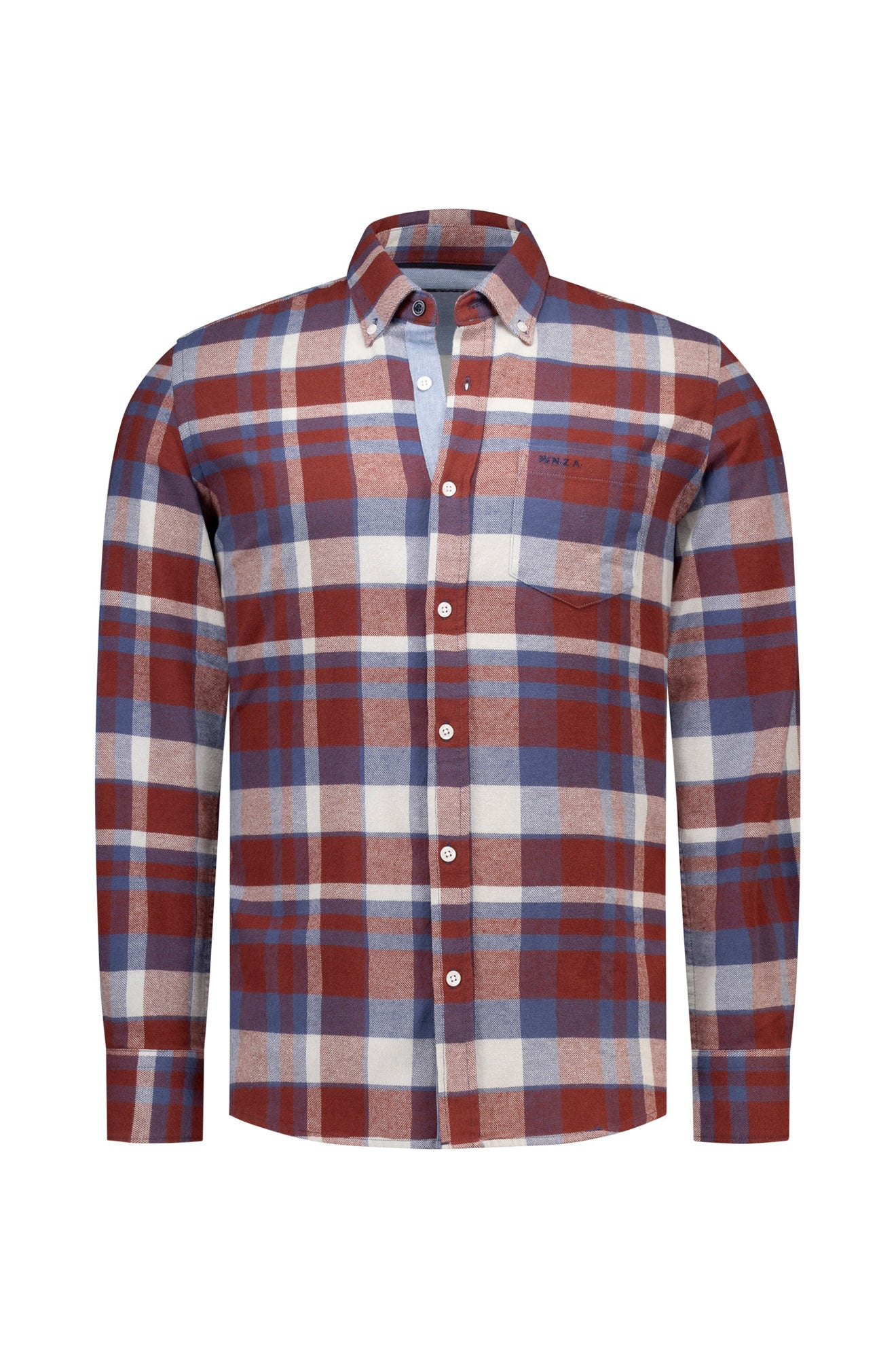 NZA men's burgundy, blue and white plaid long sleeve button-up shirt with chest pocket shown from the front