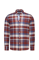 NZA men's burgundy, blue and white plaid long sleeve button-up shirt with chest pocket shown from the front