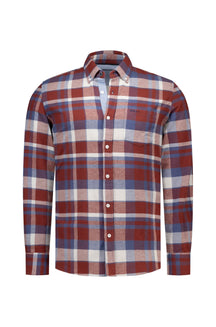 NZA men's burgundy, blue and white plaid long sleeve button-up shirt with chest pocket shown from the front