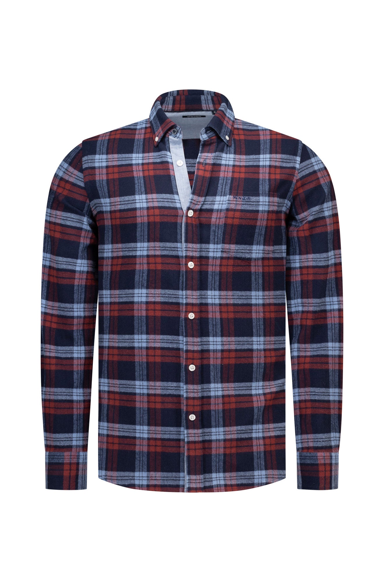 Men's navy, red and light blue plaid long-sleeve shirt front view with button-down collar and light placket by NZA