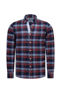 Men's navy, red and light blue plaid long-sleeve shirt front view with button-down collar and light placket by NZA