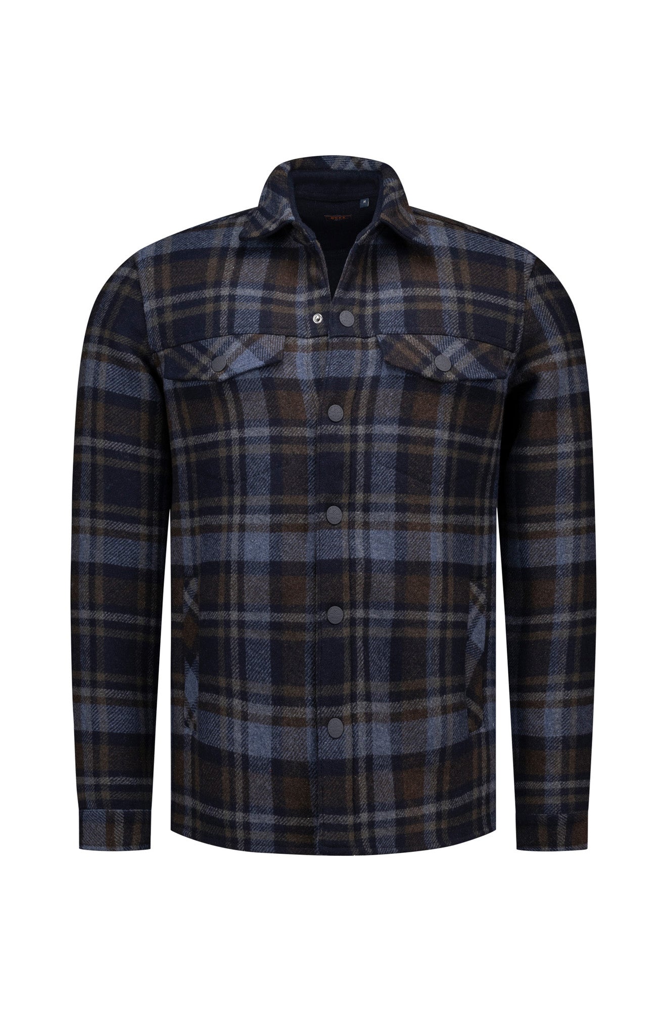 NZA men's navy and brown plaid padded overshirt with snap buttons and flap chest pockets, product view