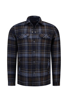 NZA men's navy and brown plaid padded overshirt with snap buttons and flap chest pockets, product view