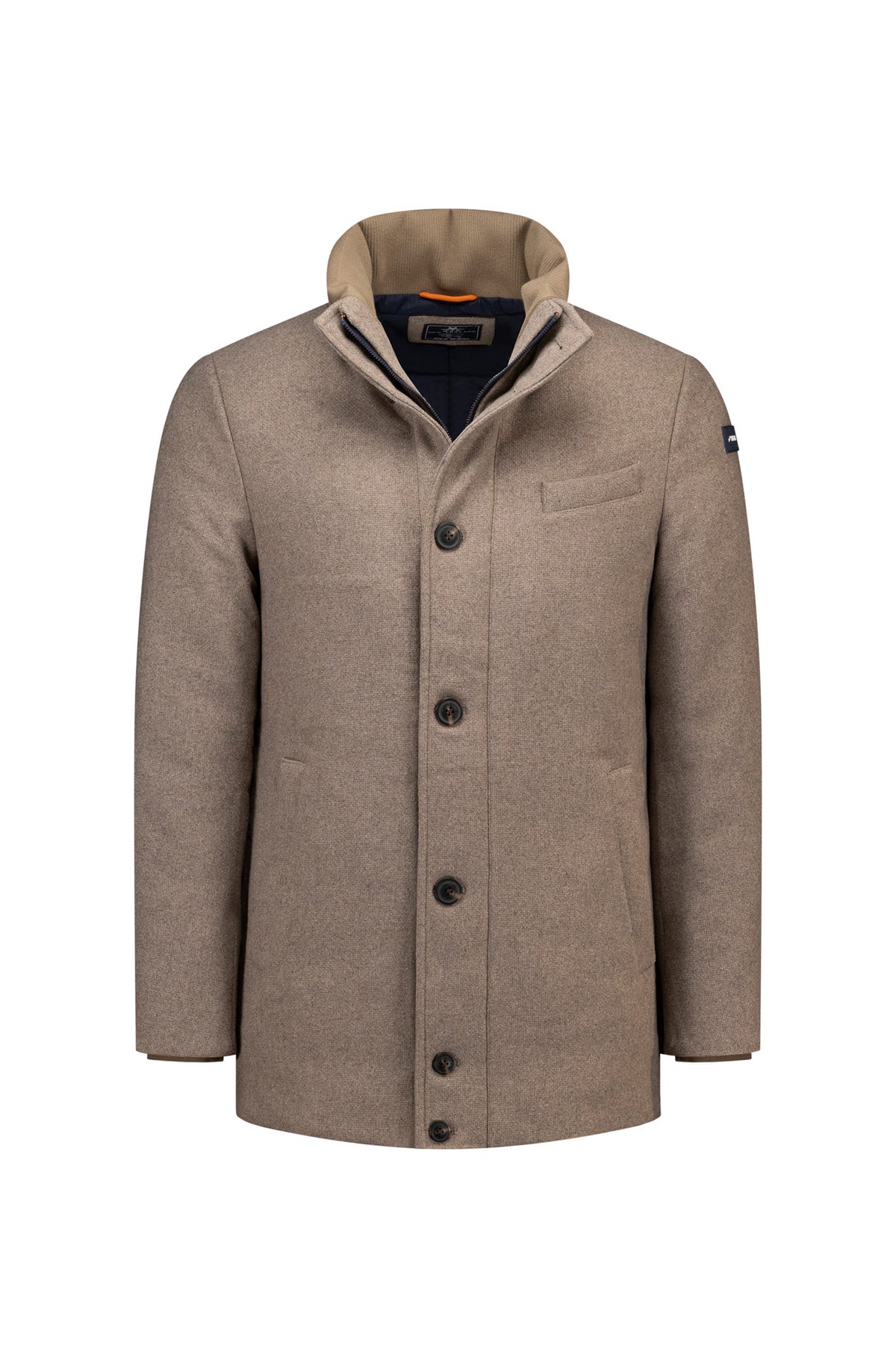 Jacket taupe vue de face avec boutons foncés, col montant, plastron zippé et poches passepoilées pour homme par NZA