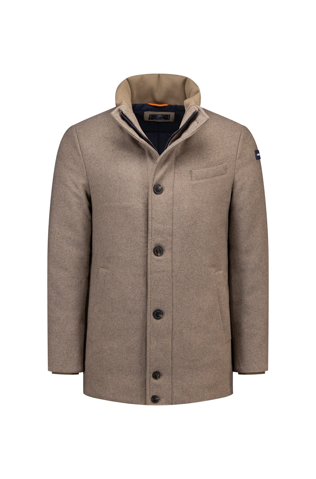 Men's taupe jacket front view with dark buttons, stand collar, inner zip bib, and welt pockets by NZA