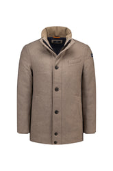 Men's taupe jacket front view with dark buttons, stand collar, inner zip bib, and welt pockets by NZA